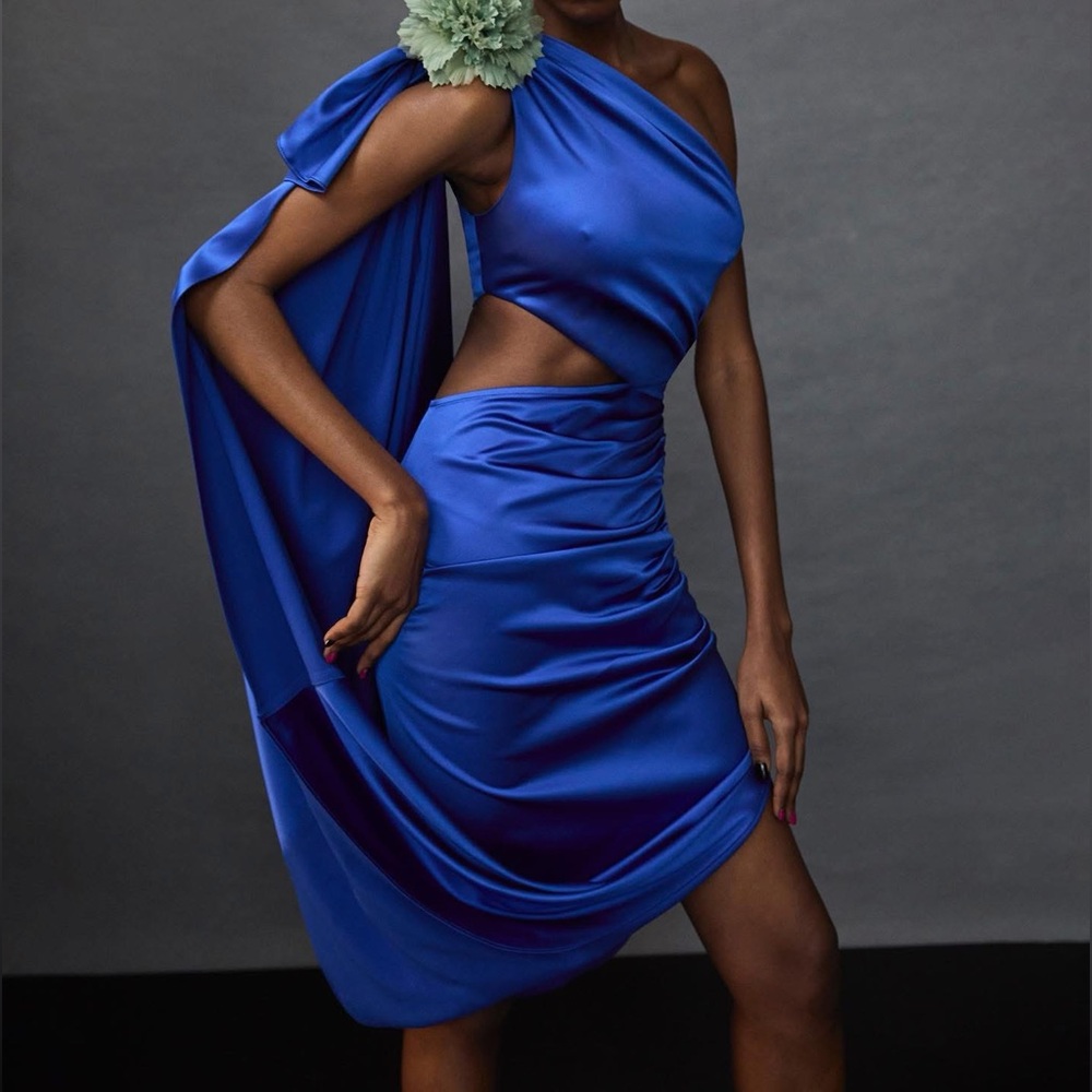 Prabal Gurung Satin One Shoulder Cut Out Waist Mini Dress Sari Gown